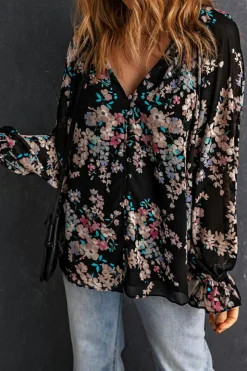 Clearance Dear-Lover Wildflower Print Chiffon Blouse Black
