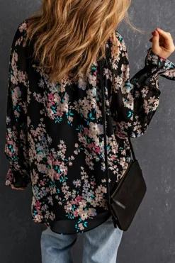 Clearance Dear-Lover Wildflower Print Chiffon Blouse Black