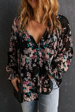 Clearance Dear-Lover Wildflower Print Chiffon Blouse Black