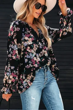 Clearance Dear-Lover Wildflower Print Chiffon Blouse Black