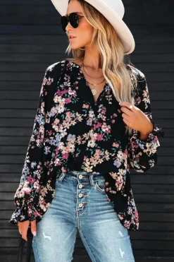 Clearance Dear-Lover Wildflower Print Chiffon Blouse Black