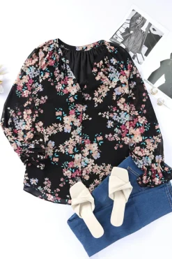 Clearance Dear-Lover Wildflower Print Chiffon Blouse Black