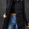 New Dear-Lover Windproof Longline Full Zipper Puffer Vest with Pockets Black