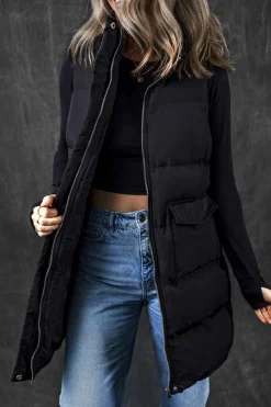 New Dear-Lover Windproof Longline Full Zipper Puffer Vest with Pockets Black