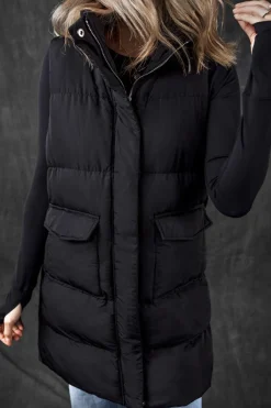 New Dear-Lover Windproof Longline Full Zipper Puffer Vest with Pockets Black