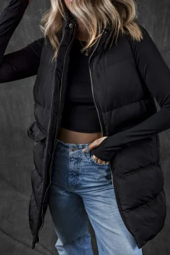 New Dear-Lover Windproof Longline Full Zipper Puffer Vest with Pockets Black