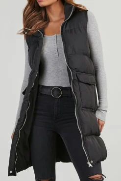 New Dear-Lover Windproof Longline Full Zipper Puffer Vest with Pockets Black