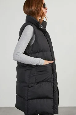 New Dear-Lover Windproof Longline Full Zipper Puffer Vest with Pockets Black