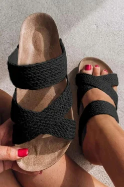 Sale Dear-Lover Woven Cross Criss Hollowed Slip-On Slippers Black