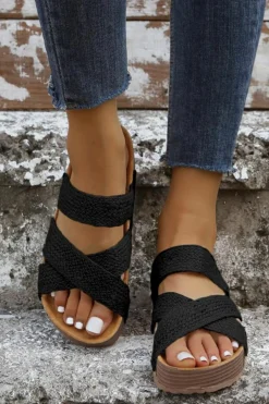 Sale Dear-Lover Woven Cross Criss Hollowed Slip-On Slippers Black