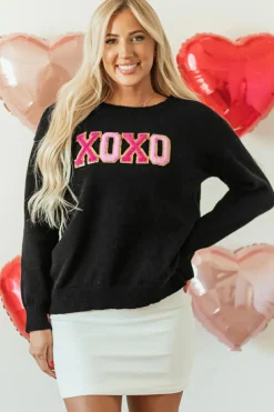 Clearance Dear-Lover Black XOXO Glitter Print Round Neck Casual Sweater Color black