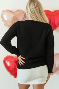 Clearance Dear-Lover Black XOXO Glitter Print Round Neck Casual Sweater Color black