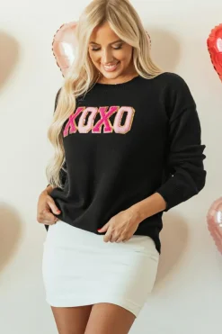 Clearance Dear-Lover Black XOXO Glitter Print Round Neck Casual Sweater Color black