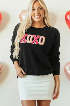 Clearance Dear-Lover Black XOXO Glitter Print Round Neck Casual Sweater Color black
