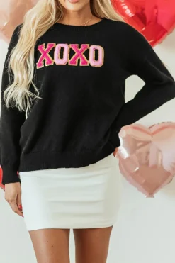 Clearance Dear-Lover Black XOXO Glitter Print Round Neck Casual Sweater Color black