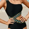 Online Dear-Lover Zigzag Accent Cutout One Shoulder Teddy Swimwear Black