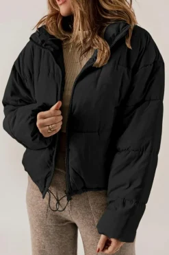 Best Dear-Lover Zip Up Drawstring Hem Puffer Jackets Black