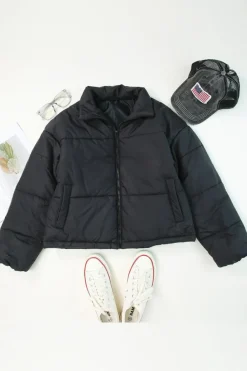 Best Dear-Lover Zip Up Drawstring Hem Puffer Jackets Black