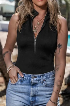 Best Dear-Lover Zip up Mock Neck Ribbed Sleeveless Bodysuit Black