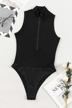 Best Dear-Lover Zip up Mock Neck Ribbed Sleeveless Bodysuit Black