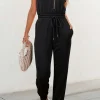 Clearance Dear-Lover Zipper Flutter Sleeve Drawstring High Waist Jumpsuit Black