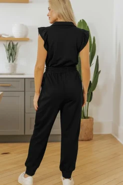 Clearance Dear-Lover Zipper Flutter Sleeve Drawstring High Waist Jumpsuit Black