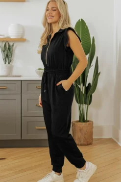 Clearance Dear-Lover Zipper Flutter Sleeve Drawstring High Waist Jumpsuit Black
