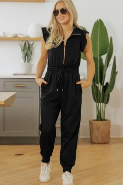 Clearance Dear-Lover Zipper Flutter Sleeve Drawstring High Waist Jumpsuit Black