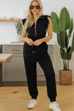 Clearance Dear-Lover Zipper Flutter Sleeve Drawstring High Waist Jumpsuit Black