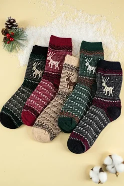 New Dear-Lover 5 Pairs/Set Christmas Reindeer Soft Crew Socks Blackish Green