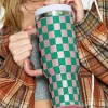 Fashion Dear-Lover Checkered Print Handle Large Vacuum Cup 40OZ Blackish Green