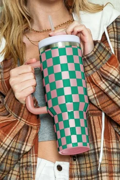 Fashion Dear-Lover Checkered Print Handle Large Vacuum Cup 40OZ Blackish Green