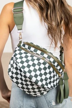 Clearance Dear-Lover Checkered Print Wide Strap Large Crossbody Bag Blackish Green