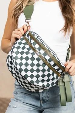 Clearance Dear-Lover Checkered Print Wide Strap Large Crossbody Bag Blackish Green