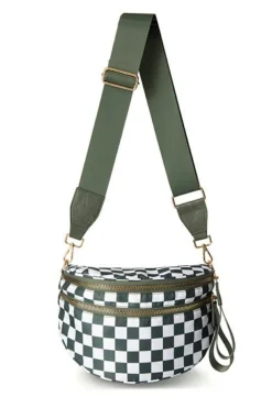 Clearance Dear-Lover Checkered Print Wide Strap Large Crossbody Bag Blackish Green