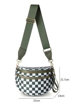 Clearance Dear-Lover Checkered Print Wide Strap Large Crossbody Bag Blackish Green
