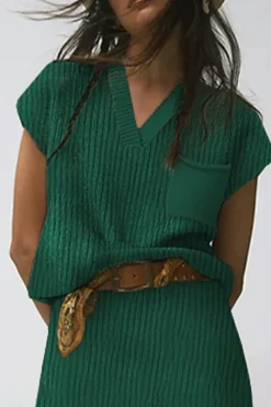 New Dear-Lover Chest Pocket V Neck Ribbed Cap Sleeve Sweater Blackish Green