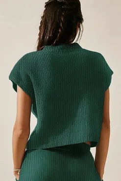 New Dear-Lover Chest Pocket V Neck Ribbed Cap Sleeve Sweater Blackish Green