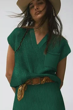 New Dear-Lover Chest Pocket V Neck Ribbed Cap Sleeve Sweater Blackish Green
