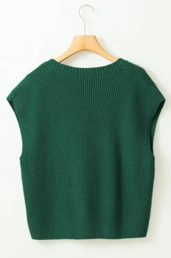 New Dear-Lover Chest Pocket V Neck Ribbed Cap Sleeve Sweater Blackish Green