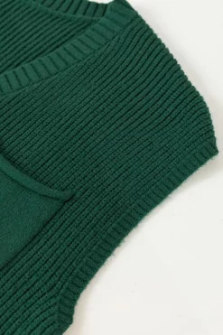 New Dear-Lover Chest Pocket V Neck Ribbed Cap Sleeve Sweater Blackish Green