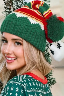 Online Dear-Lover Christmas Color Block Pom Pom Knitted Hat Blackish Green