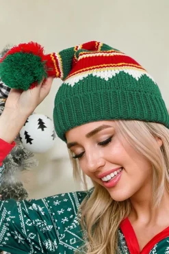 Online Dear-Lover Christmas Color Block Pom Pom Knitted Hat Blackish Green