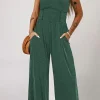 Hot Dear-Lover Cinched Waist Sleeveless Wide Leg Jumpsuit Blackish Green