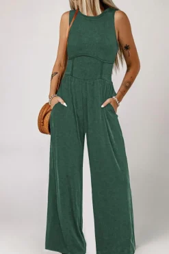 Hot Dear-Lover Cinched Waist Sleeveless Wide Leg Jumpsuit Blackish Green