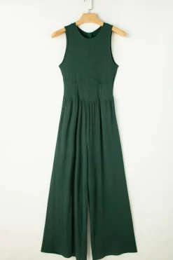 Hot Dear-Lover Cinched Waist Sleeveless Wide Leg Jumpsuit Blackish Green
