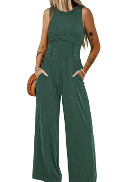 Hot Dear-Lover Cinched Waist Sleeveless Wide Leg Jumpsuit Blackish Green