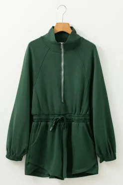 Best Dear-Lover Collared Half Zip French Terry Knit Drawstring Casual Romper Blackish Green