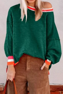 New Dear-Lover Colorblock Striped Trim Drop Shoulder Sweater Blackish Green