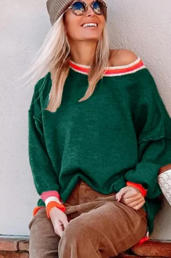 New Dear-Lover Colorblock Striped Trim Drop Shoulder Sweater Blackish Green